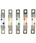 Tough Setup High Voltage Dc Fuse For Electric Cars Rated At Dc450V And 40 Amps Straight Swap Blade Style No Fuss Replacement, five fuses with colored bands.