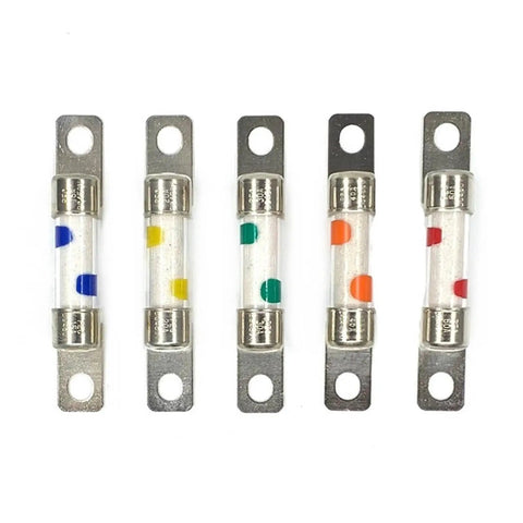 Tough Setup High Voltage Dc Fuse For Electric Cars Rated At Dc450V And 40 Amps Straight Swap Blade Style No Fuss Replacement, five fuses with colored bands.