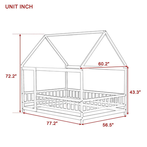 Dimensions of Floor Bed With Roof Frame And Safety Guardrails In White Rubber Wood For Playful Kids Rooms
