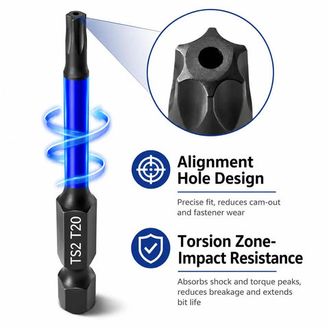Rock Hard Impact Security Torx Bit Set Includes Twelve Premium S2 Steel Driver Bits With Bulletproof Magnetic Tips, T20 bit close-up.