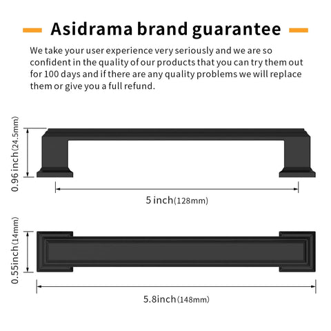 Dimensions of matte black kitchen cabinet pulls set of 10, 5-inch metal handles for cupboards and drawers, rust proof, non-toxic hardware.