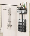 All Black 31 Inch Wall Mounted Towel Rack With Floating Wood Shelf And Top Basket, Holds 6 Large Rolled Towels Plus Toiletries