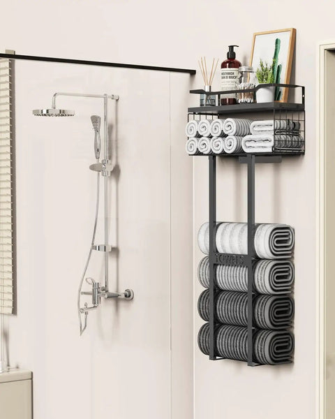 All Black 31 Inch Wall Mounted Towel Rack With Floating Wood Shelf And Top Basket, Holds 6 Large Rolled Towels Plus Toiletries