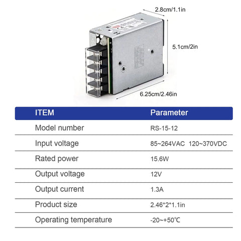 Top Shelf Industrial Switch Mode Power Supply 15W 12V 1.2A Built Like A Tank All Metal Case, showing dimensions and specifications.