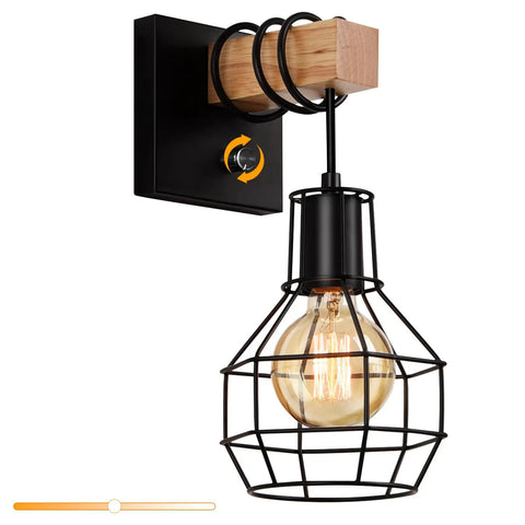 Industrial Cage Wall Sconce With Dimmer Switch And On Off Control, Farmhouse Black Metal Lamp With Painted Wood Holder