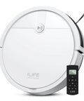 V2 Robot Vacuum Cleaner With Tangle Free Suction And Ultra Slim Two Point Nine Nine Inch Profile 120 Minute Runtime Self Charging Design Ideal For Pet Hair And Hard Floors, shown with remote control.