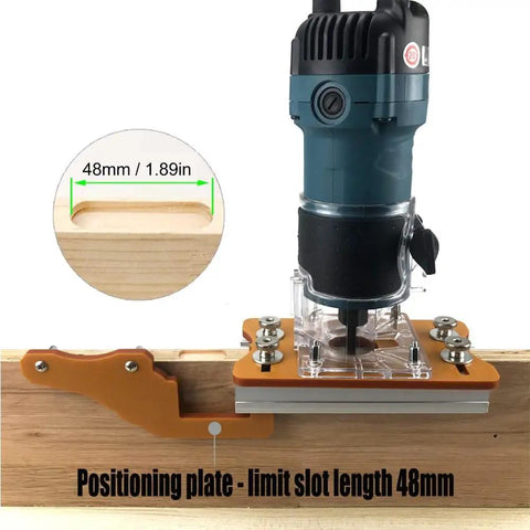 Hella Smooth Sixty Five Millimeter Aluminum Router Table Insert Plate With Heavy Duty Slotting Frame mounted on wood for precise cuts.