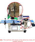 Slick Automatic Desktop Conveyor Round Bottle Labeler Featuring Precision Photoelectric Sensor and Quick Dial Adjustments close-up view of sensor and control panel.