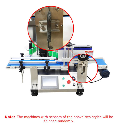 Slick Automatic Desktop Conveyor Round Bottle Labeler Featuring Precision Photoelectric Sensor and Quick Dial Adjustments close-up view of sensor and control panel.