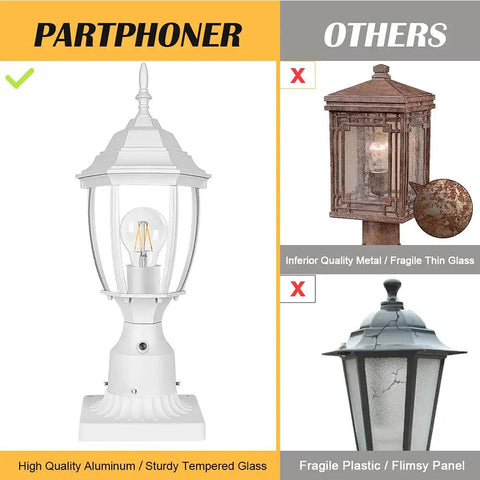 Comparison of Dusk To Dawn Outdoor Post Light With Pier Mount Base, Waterproof Aluminum Lantern Head With Clear Glass Panels.