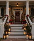 Outdoor Waterproof Flameless LED Pillar Candles Set 6 8 10 Inch illuminating a festive porch with lanterns and decorations