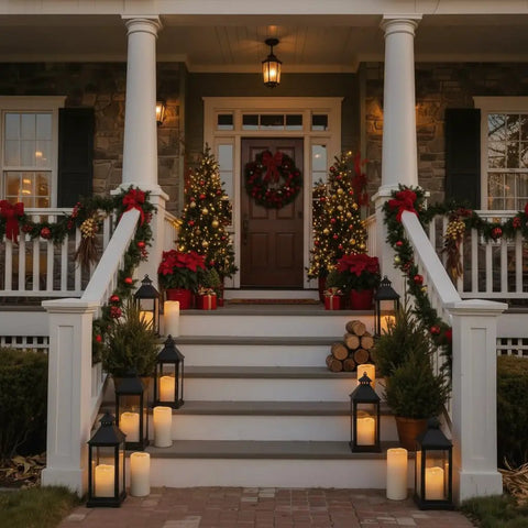 Outdoor Waterproof Flameless LED Pillar Candles Set 6 8 10 Inch illuminating a festive porch with lanterns and decorations