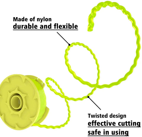 Replacement Trimmer Spool Set 11 Ft Of 0.080 Inch Line For Ryobi One Plus 18V 24V And 40V Cordless Trimmers Auto Feed Twist Single Line Refills Six Spools And One Cap AC80RL3 showing nylon twisted line.