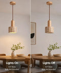 Wood Pendant Light with Natural Travertine Shade, Mini E27 Socket Droplight in two settings, lit and unlit, above a dining table.
