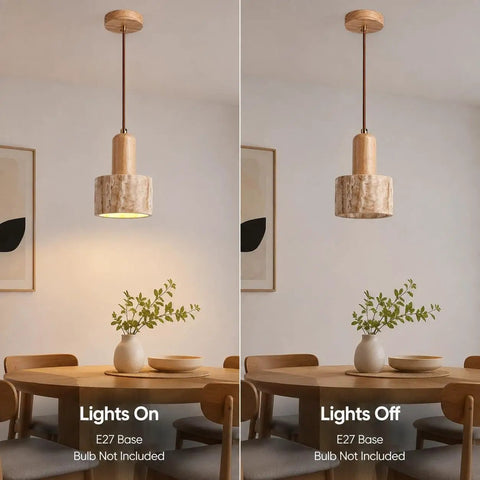 Wood Pendant Light with Natural Travertine Shade, Mini E27 Socket Droplight in two settings, lit and unlit, above a dining table.