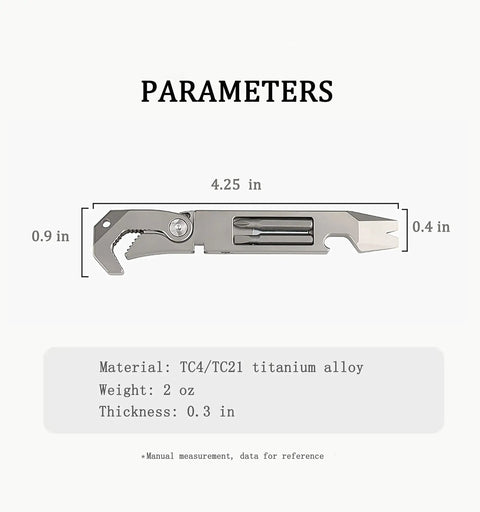 EDC Titanium Multitool Pry Bar with Pocket Clip Mighty Bar Packs Wrench, 4.25 in long, made of TC4/TC21 titanium alloy