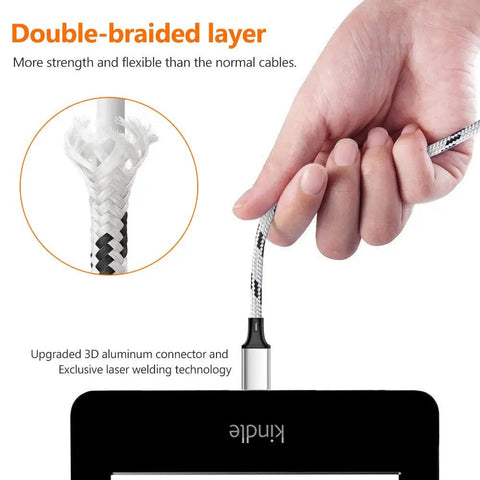 3 in 1 USB Charging Cable Set, 5 ft Nylon Braided Multi Charger Cable, 3 Pack Universal Type C Micro USB USB A Connectors for Phones, Tablets, and More, Fast Charge, Travel Ready, Shareable Cord, double-braided cable close-up