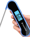 Hand holding 0.5 Second Instant Read Digital Meat Thermometer With 0.5 Degree Fahrenheit Precision in blue color
