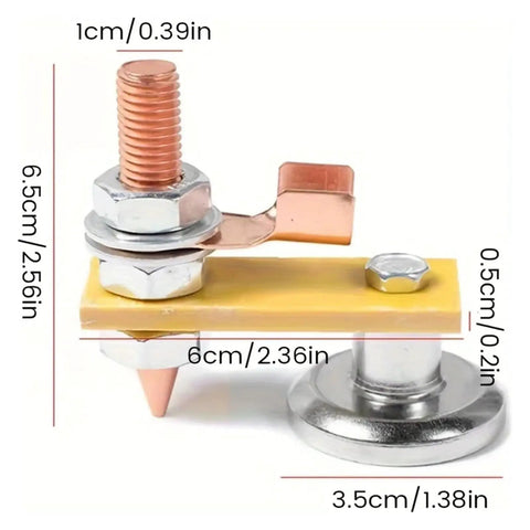 Two Pack Heavy Duty Metalworking Magnet Head Ground Clamps For Welding Support Work With Solid Base Plates And Pipe Grip Tools close-up with measurements.