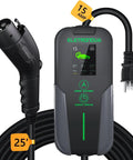 Level Two EV Charger With 240V NEMA 14 To 50 Plug And 25 Foot Cable UL Certified portable charging station with LCD display.