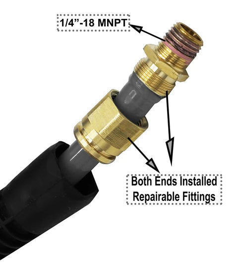 1/4 Inch Quick Connect Coupler of No Fuss Self Coiling Air Hose Polyurethane 3/8 Inch By 25 Feet, showing repairable fittings