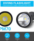 Beast Mode Underwater Dive Flashlight With 2000 Lumens, featuring PM70 LED and waterproof design, shown from front and side angles.