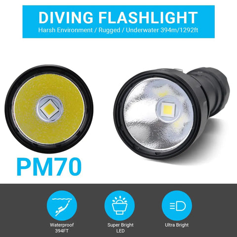 Beast Mode Underwater Dive Flashlight With 2000 Lumens, featuring PM70 LED and waterproof design, shown from front and side angles.