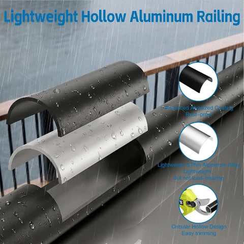Straight Up Solid Black Aluminum Deck Balusters 26 Inch Spindles With Heavy Duty Connectors And Screws For Railing Overhaul No Fuss Quick Install 50 Pack Metal Posts, showcasing black and white hollow aluminum railings.
