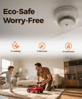 Eco-friendly setting showing a dad and child playing with a remote-controlled car while battery information highlights safe use.