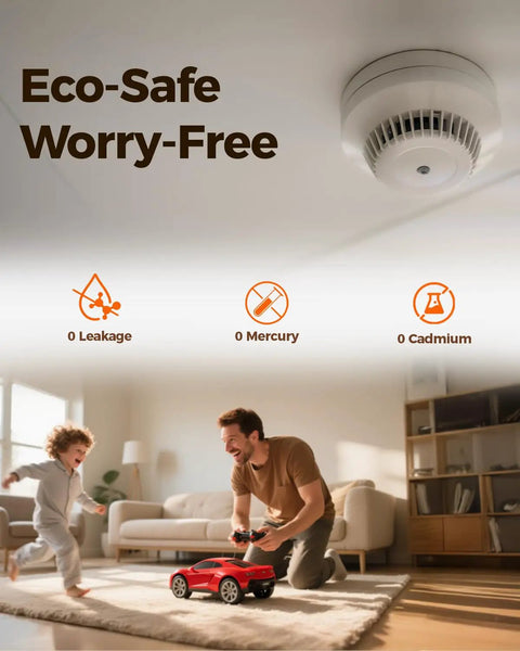 Eco-friendly setting showing a dad and child playing with a remote-controlled car while battery information highlights safe use.