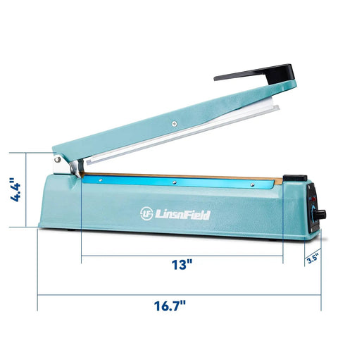 Heavy Duty 12 Inch Bag Sealer With 2mm Seal Width Iron Impulse Heat Sealer For Shrink Wrap Manual Operation Pro Grade Durable Blue Sealing Machine Includes Replacement Kits And Fuses side view with dimensions