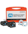 Instant Pipe Leak Repair Clamp Kit with two clamps and PTFE tape in an orange case, for quick watertight fix on metal and plastic pipes.