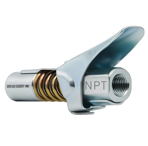 Locking Grease Gun Coupler That Stays On Tight For Zerk Fittings No Leaks Or Slip Off Easy Release Under Pressure Handles Up To Ten Thousand PSI One Eighth Inch NPT Fits All Grease Guns Steel Jaws Rebuild Kit Included side view