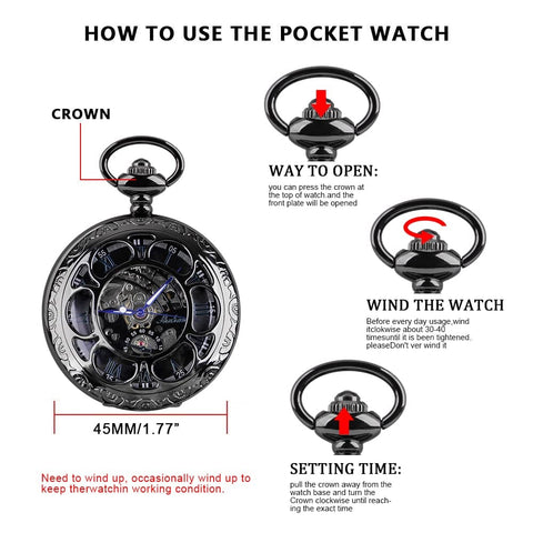 Mechanical Skeleton Pocket Watch For Men, Black Roman Numerals, Old School Antique Look, Chain Included, Easy Read Time Without Opening Lid, Durable Mens Pocket Watch
