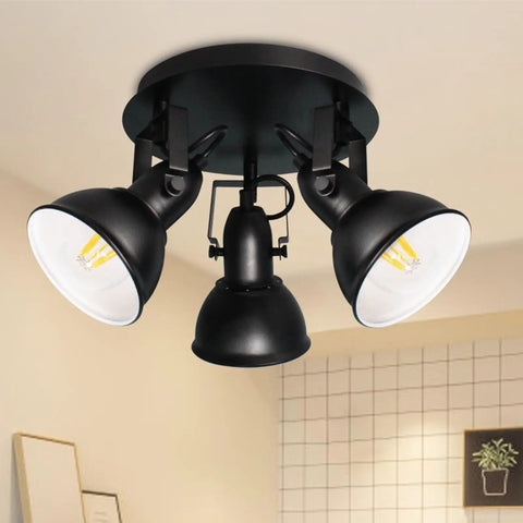 Industrial 3 Light LED Track Lighting Kit In Black with adjustable heads and round plate for modern ceiling fixture in kitchens or offices.