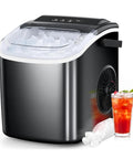 Portable Countertop Ice Maker With No Sweat Self Cleaning Generates Nine Gentle On Teeth Cubes In Just Six Minutes with ice cubes and a drink.