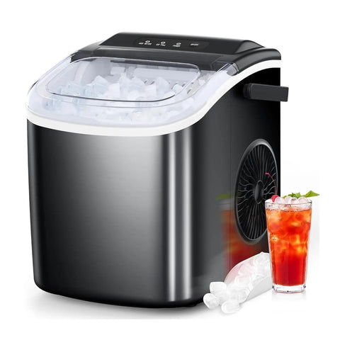 Portable Countertop Ice Maker With No Sweat Self Cleaning Generates Nine Gentle On Teeth Cubes In Just Six Minutes with ice cubes and a drink.