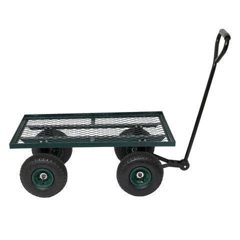 Heavy Duty Metal Deck Garden Cart With 10 Inch Air Tires For Farm Yard And Cargo Large 34 Inch By 18 Inch Utility Wagon With 176 Lb Capacity Green