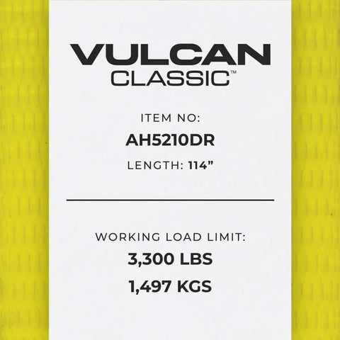 Label showing details of Axle Tie Down Combo Strap Kit 2 Inch Wide Classic Yellow 3300 Pound Safe Working Load Professional Grade Tie Downs