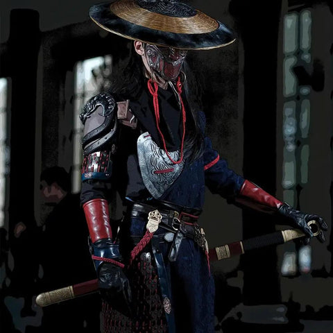 Cosplayer wearing black rugged adjustable Katana Sword Belt For Cosplay And Pirate Adventures, holding prop sword in dark setting.