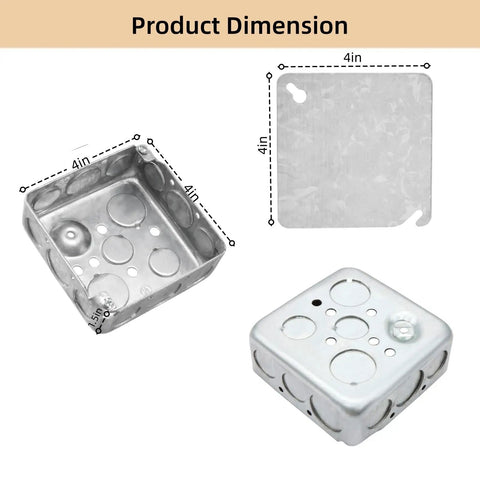 4x4 Square Junction Box With Cover For Electrical Installations, Rugged And Heavy Duty Galvanized Steel Box With 10 1/2 Inch And 6 3/4 Inch Knockouts, Square Metal Outlet Box Without Screws