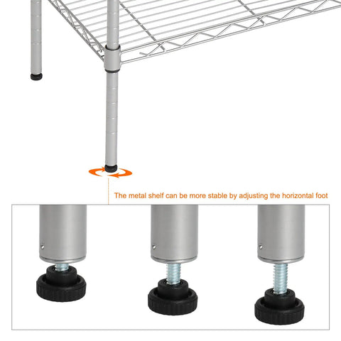 Close-up of adjustable foot on Heavy Duty Five Tier Wire Shelving Unit Kickass Storage Rack to enhance stability.