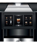 Top Shelf Fully Automatic Commercial Coffee Station Featuring Six Point Seven Inch Touchscreen Interface displaying drink options.