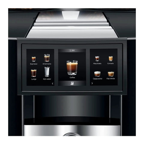Top Shelf Fully Automatic Commercial Coffee Station Featuring Six Point Seven Inch Touchscreen Interface displaying drink options.