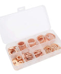 120 Piece Premium Red Copper Washers Assortment Kit Includes Tough Flat Gaskets For Sealing Oil Pan Plugs Fuel Lines Hydraulic Connections With Storage Box Organizer For Easy Access And High Thermal Conductivity Works Wicked Well Under Pressure. open storage box with assorted red copper washers