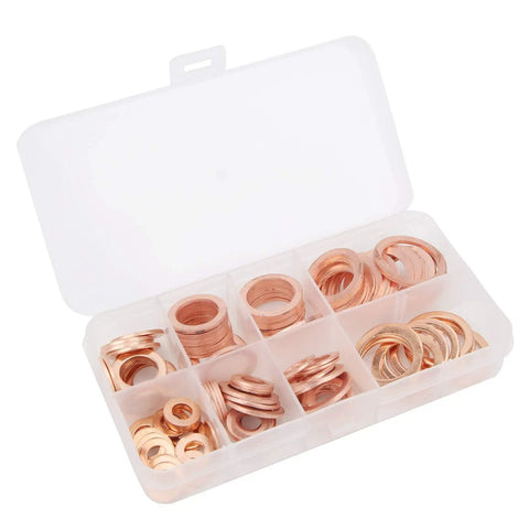 120 Piece Premium Red Copper Washers Assortment Kit Includes Tough Flat Gaskets For Sealing Oil Pan Plugs Fuel Lines Hydraulic Connections With Storage Box Organizer For Easy Access And High Thermal Conductivity Works Wicked Well Under Pressure. open storage box with assorted red copper washers