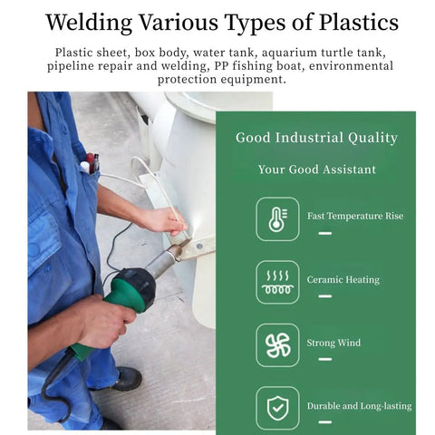 Person using Heavy Duty 110V 1600W Hot Air Weld Gun for PVC and PP Plastics on a plastic tank