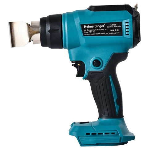 Pro Grade Cordless Heat Gun for 18V Battery, shown alone with blue and black design and nozzle attachment.