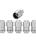 Set of five Chrome Cone Seat Wheel Locks One Half Inch Twenty Thread Size with key for cars, trucks, SUVs on white background