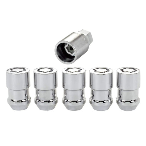 Set of five Chrome Cone Seat Wheel Locks One Half Inch Twenty Thread Size with key for cars, trucks, SUVs on white background